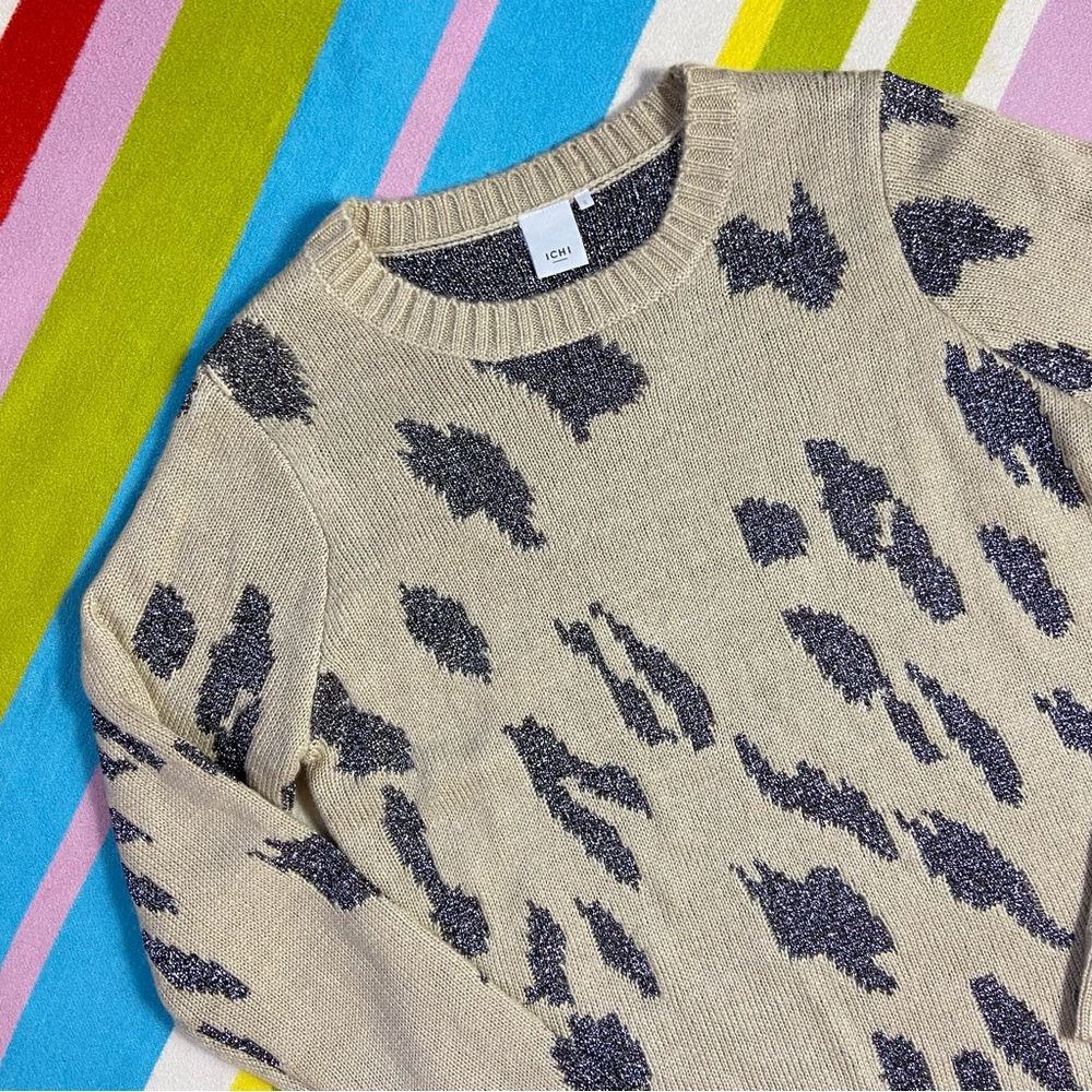 ICHI Womens Golden Silver Animal Print Knit Pullover Jumper Sz Small Oversize - Picture 2 of 8